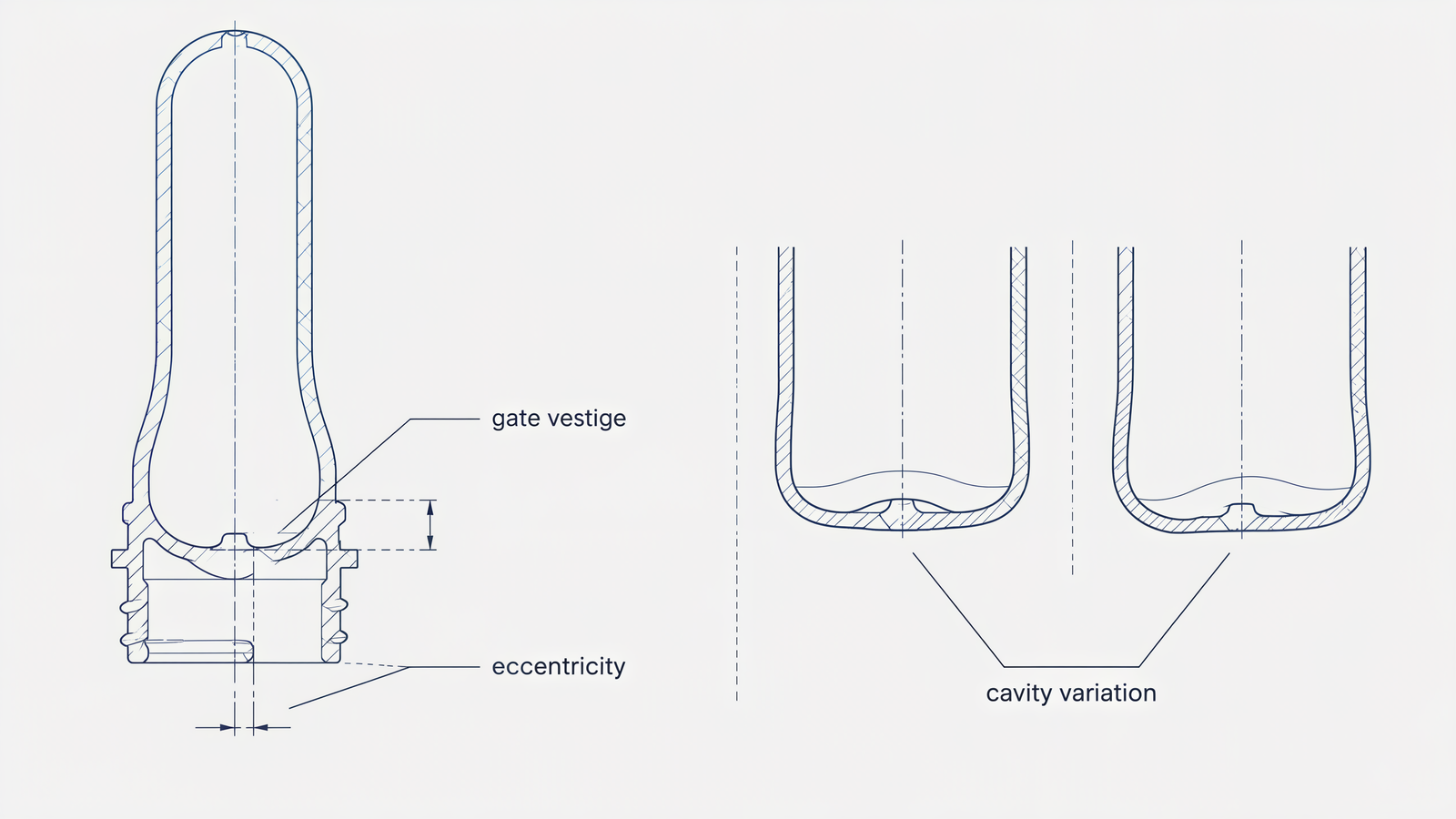 Cross-section diagram of a PET preform closed end with gate vestige, eccentricity and cavity variation labelled