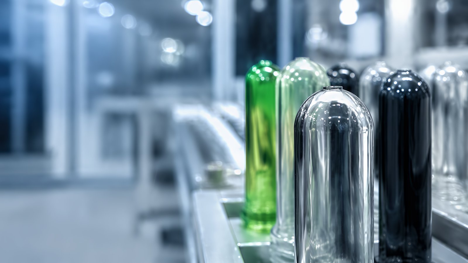 Colored PET preforms on a production line with the closed end and gate area in focus