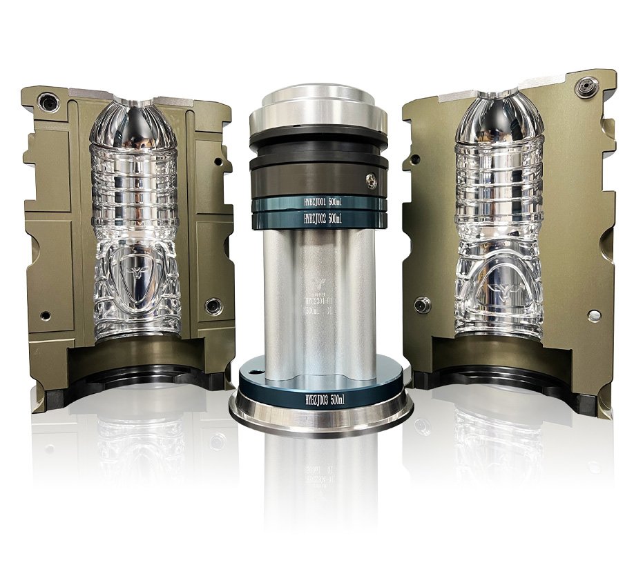 PET blow mold cavity with a formed bottle inside